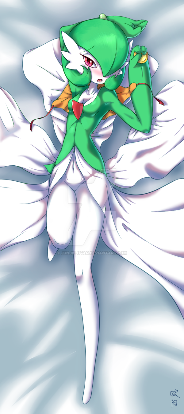 1girl arm_up armpits artist_name bed_sheet blush bracelet breasts capelet_removed collarbone creatures_(company) eyebrows_visible_through_hair female food from_above full_body game_freak gardevoir gen_3_pokemon green_hair green_skin hair_over_one_eye half-closed_eyes hand_up holding jewelry junjie-oyan knee_up looking_at_viewer lying navel nintendo no_humans nose_blush on_back open_mouth orange_capelet pink_eyes pokemon pokemon_(creature) shiny shiny_hair short_hair signature small_breasts solo tart teeth tongue two-tone_skin watermark web_address white_skin