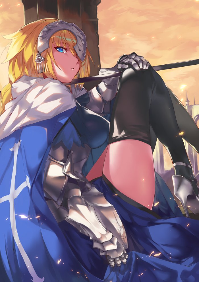 armor armored_dress bangs blonde_hair blue_cape blue_dress blue_eyes braid breasts cape commentary_request dress eyebrows_visible_through_hair fate/grand_order fate_(series) faulds flag gauntlets hand_on_own_knee headpiece high_heels holding holding_flag jeanne_d'arc_(fate) jeanne_d'arc_(fate)_(all) large_breasts legs_up long_braid long_hair looking_at_viewer ohland outdoors plackart single_braid sitting standard_bearer thighhighs thighs yellow_sky