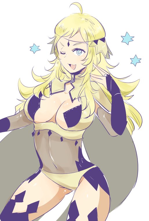 ahoge blonde_hair blue_eyes breasts bridal_gauntlets cape circlet cleavage_cutout commentary_request covered_navel fire_emblem fire_emblem_if long_hair medium_breasts one_eye_closed open_mouth ophelia_(fire_emblem_if) shougayaki_(kabayaki_3) simple_background solo white_background