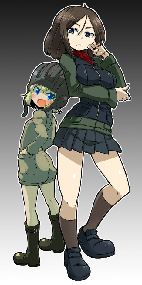 :d alternate_footwear arm_grab bangs black_background black_footwear black_hair black_hat black_legwear black_skirt black_vest blonde_hair blue_eyes boots breast_hold breasts closed_mouth commentary_request emblem fang from_behind frown full_body girls_und_panzer gradient gradient_background green_jacket green_jumpsuit hands_on_hips hat helmet jacket katyusha loafers long_hair long_sleeves looking_at_viewer looking_back medium_breasts military military_uniform miniskirt multiple_girls nonna open_mouth pleated_skirt pravda_military_uniform red_shirt shirt shoes short_hair short_jumpsuit skirt smile socks standing sw swept_bangs turtleneck uniform vest
