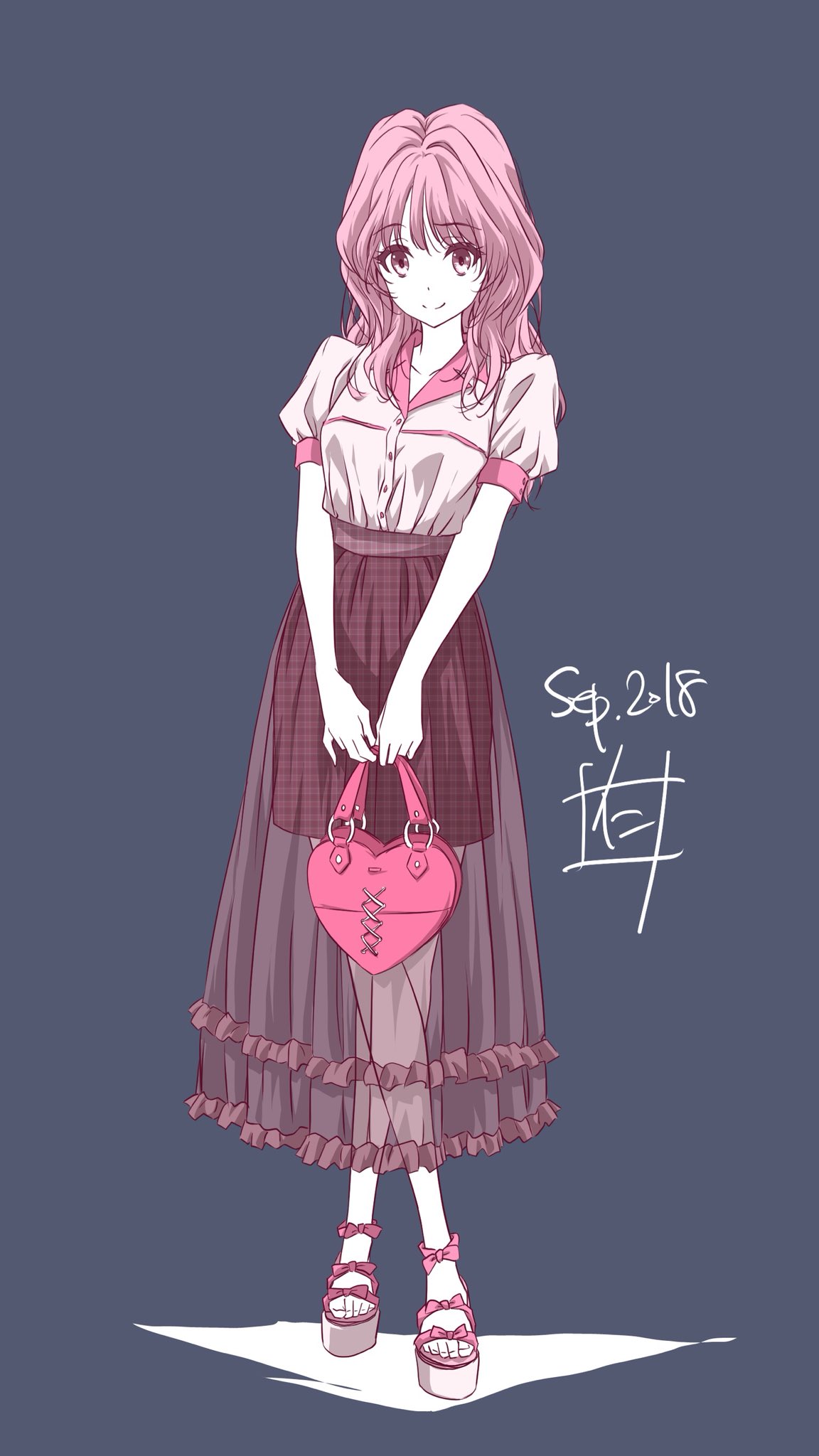 bag brown_skirt collarbone dated dress_shirt eyebrows_visible_through_hair frilled_skirt frills full_body grey_background grey_shirt hair_between_eyes heart-shaped_bag highres holding holding_bag long_hair looking_at_viewer nii_manabu original pink_eyes pink_hair see-through shirt short_sleeves signature simple_background skirt smile solo