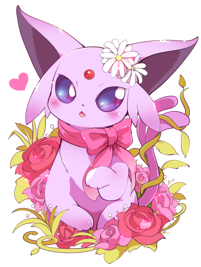 blue_eyes blush bow espeon fang flower heart looking_at_viewer no_humans open_mouth pink_bow pink_flower pink_rose pokemon pokemon_(creature) red_flower red_rose rose simple_background sparkle white_background