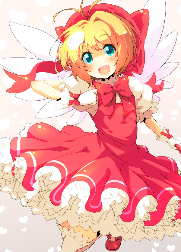 antenna_hair blue_eyes bow bowtie brown_hair bubble_skirt cardcaptor_sakura dress eyebrows_visible_through_hair frills fuuin_no_tsue glove_bow gloves hat heart heart_print holding holding_staff kinomoto_sakura lace lace-trimmed_thighhighs leg_up looking_at_viewer magical_girl medium_dress open_mouth pink_hat puffy_short_sleeves puffy_sleeves red_dress red_footwear red_hat red_neckwear shoes short_hair short_sleeves skirt smile solo staff standing standing_on_one_leg sw thighhighs white_gloves wings