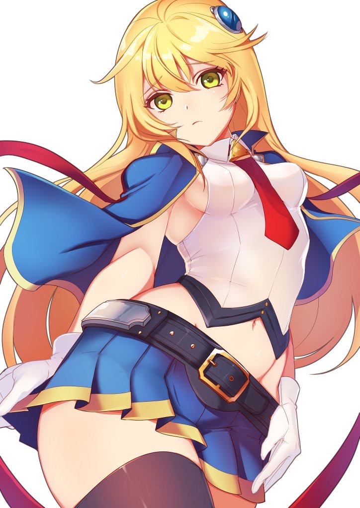 arched_back arms_at_sides bangs belt_buckle black_legwear blazblue blonde_hair blue_cape blue_skirt breasts buckle cape closed_mouth collared_cape collared_shirt commentary cowboy_shot eyebrows_visible_through_hair green_eyes hair_between_eyes hair_up hand_on_own_leg kokouno_oyazi long_hair looking_at_viewer midriff miniskirt navel necktie noel_vermillion pleated_skirt red_neckwear shiny shiny_hair shirt sideboob simple_background skirt sleeveless sleeveless_shirt small_breasts solo standing thighhighs very_long_hair white_background white_shirt