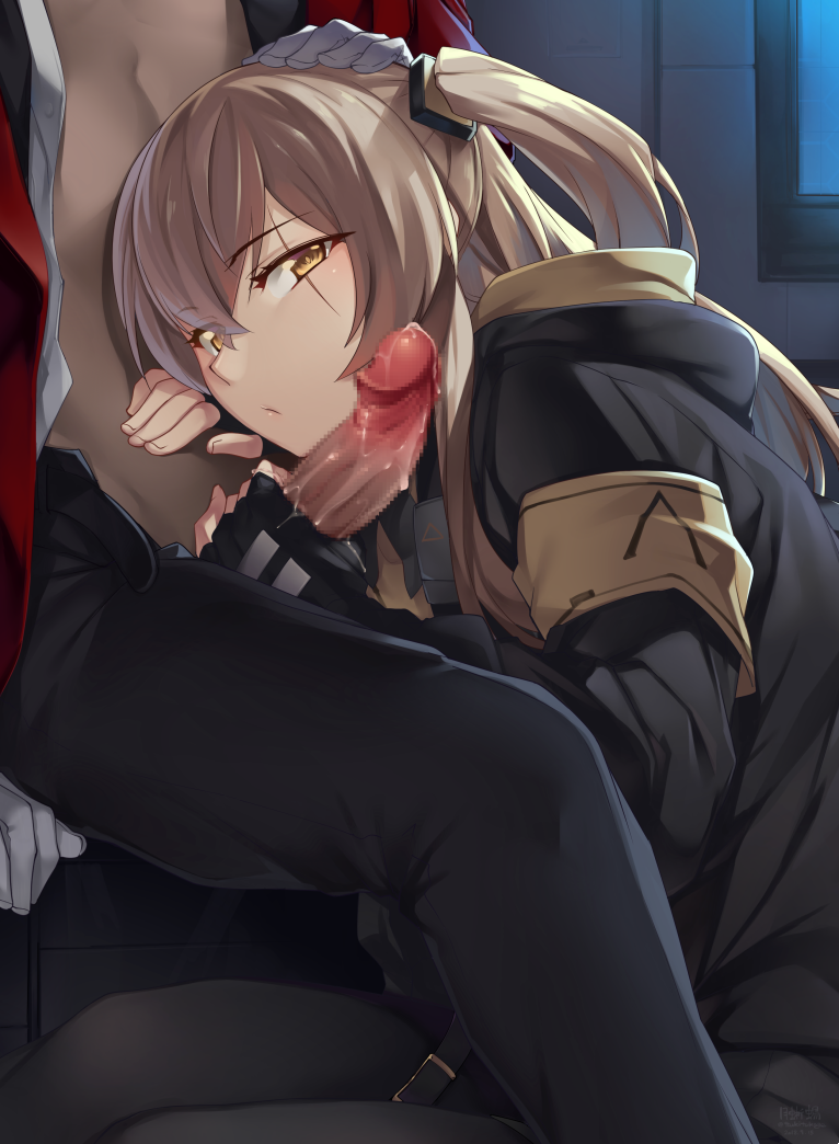 1girl armband bangs black_gloves black_legwear black_pants blush breasts brown_hair censored closed_mouth commentary_request eyebrows_visible_through_hair fingerless_gloves girls_frontline gloves hair_between_eyes hair_ornament hand_on_another's_head handjob head_rest head_tilt hetero hood hood_down hooded_jacket indoors jacket long_hair looking_at_viewer mosaic_censoring night one_side_up open_clothes open_jacket open_shirt pants pantyhose penis pointless_censoring precum scar scar_across_eye shirt sitting solo_focus tsuki_tokage ump45_(girls_frontline) white_gloves white_shirt window yellow_eyes