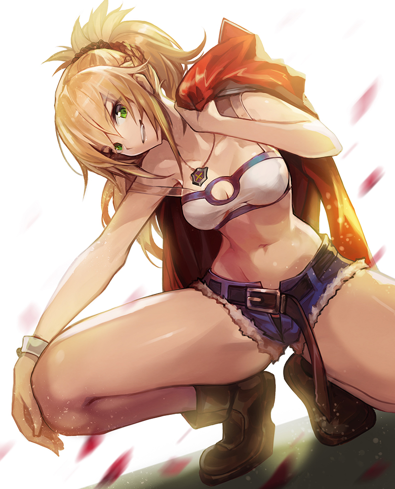 bandeau bangs belt blonde_hair boots braid breasts cleavage commentary_request denim denim_shorts fate/apocrypha fate_(series) french_braid goomrrat green_eyes hair_between_eyes jacket jacket_removed long_hair looking_at_viewer medium_breasts mordred_(fate) mordred_(fate)_(all) navel necktie open_mouth petals ponytail red_jacket scrunchie shorts simple_background smile solo squatting thighs white_background