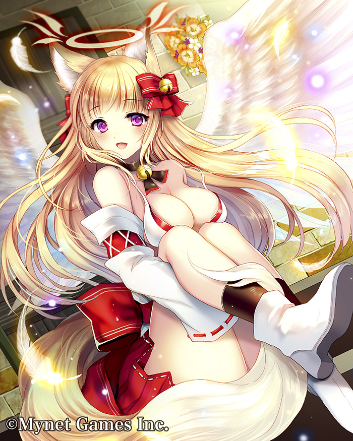 :d angel_wings animal_ears bell black_choker black_legwear blonde_hair boots bow breasts choker cleavage door dutch_angle eyebrows_visible_through_hair flower fox_ears fox_tail hair_bow jingle_bell knees_up large_breasts leg_hug long_hair looking_at_viewer maboroshi_juuhime official_art open_mouth purple_eyes red_bow red_skirt robosuke sitting skirt smile solo stairs stone_wall tail very_long_hair wall white_footwear white_wings wings