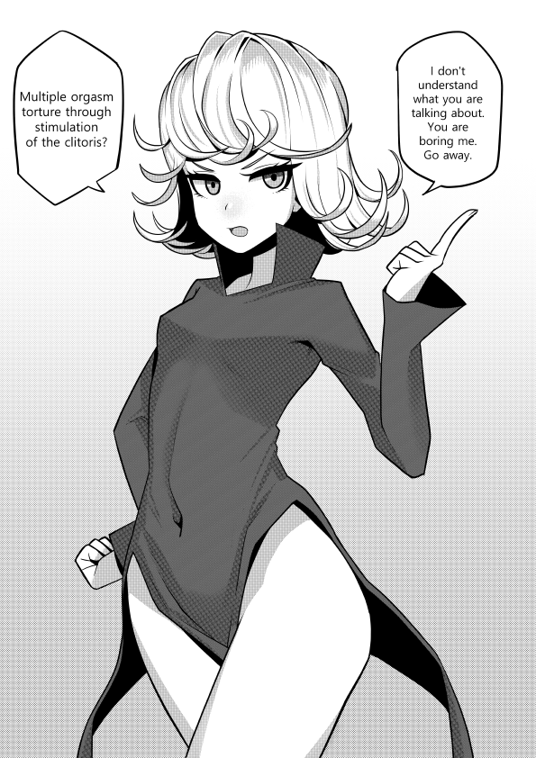 1girl breasts comic covered_navel curly_hair dress english greyscale imminent_rape monochrome one-punch_man pelvic_curtain short_hair small_breasts solo speech_bubble tatsumaki