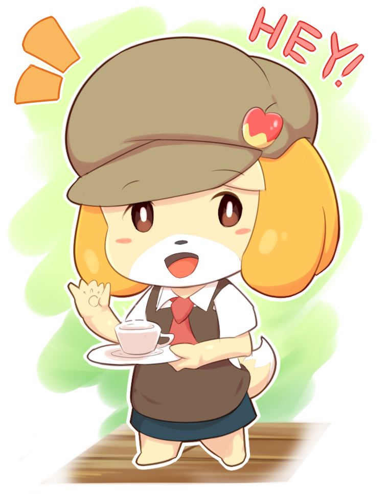 animal_crossing anthro apple barefoot blonde_hair blush blush_stickers brown_eyes canine clothed clothing cup dialogue dog english_text female food fruit full_body hair happy hat isabelle_(animal_crossing) looking_at_viewer mammal necktie nintendo open_mouth plate ratipiko shih_tzu shirt short_hair skirt smile solo standing text vest video_games waving