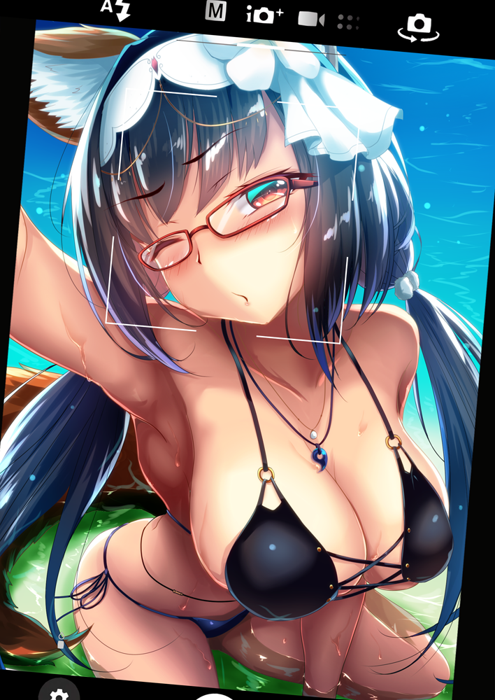 :o animal_ears bikini black_bikini black_hair blush breasts cellphone cleavage collarbone commentary_request fate/grand_order fate_(series) fox_ears fox_tail glasses hair_bobbles hair_ornament hairband lady_foxy large_breasts long_hair looking_at_viewer magatama_necklace o-ring o-ring_bikini ocean one_eye_closed osakabe-hime_(fate/grand_order) phone red-framed_eyewear red_eyes saboten_teishoku self_shot side-tie_bikini smartphone solo swimsuit tail twintails very_long_hair viewfinder water