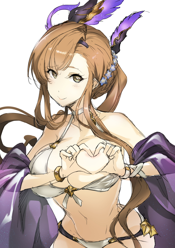 bangs bare_shoulders bikini bikini_pull blush braid breasts brown_eyes brown_hair choker cleavage collarbone commentary_request flower french_braid granblue_fantasy hair_flower hair_ornament hairband head_wings heart heart-shaped_boob_challenge heart-shaped_pupils heart_hands hips large_breasts long_hair looking_at_viewer navel one_breast_out sash sidelocks simple_background smile solo song_(granblue_fantasy) swimsuit symbol-shaped_pupils tooya_daisuke white_background white_bikini wrist_straps