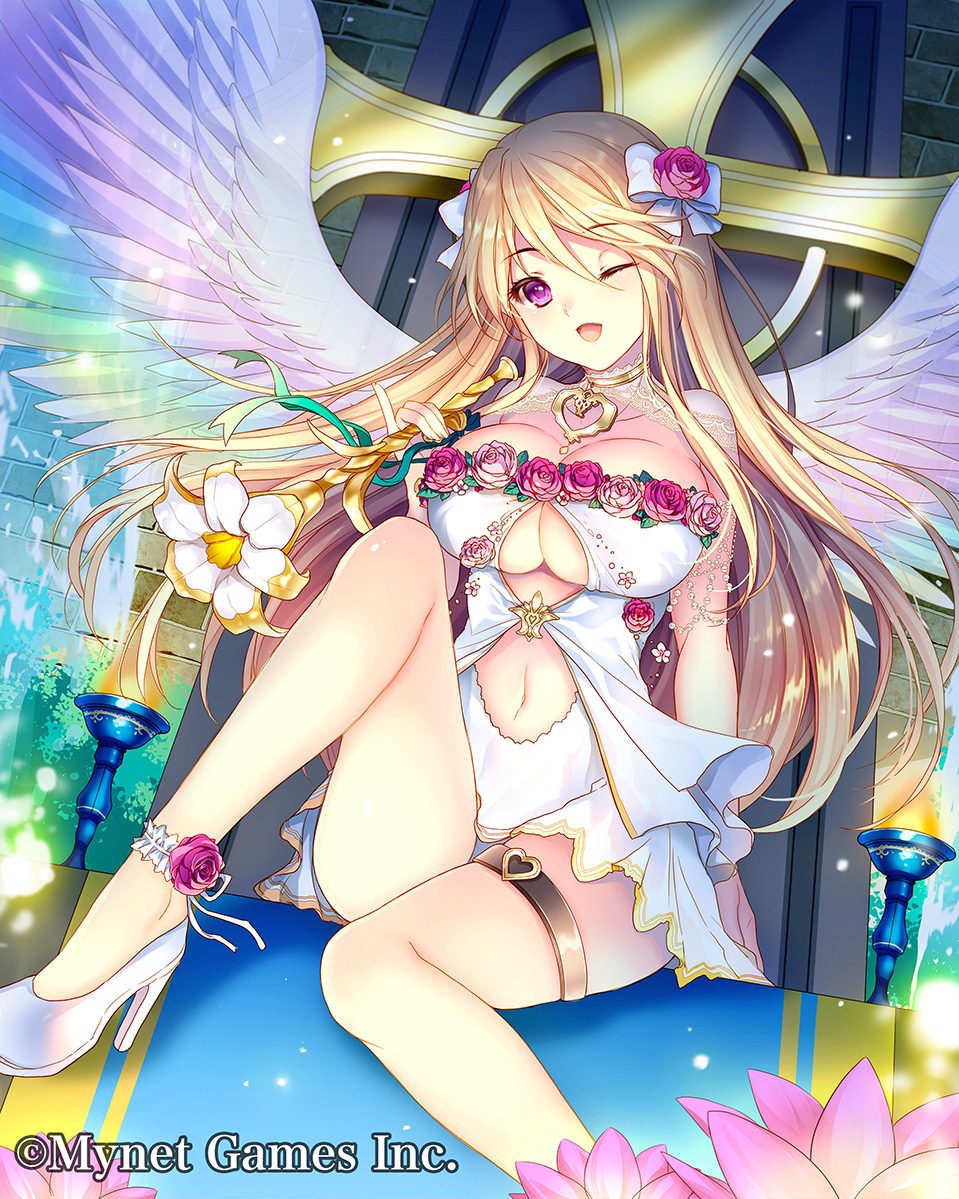 ;d altar angel bow brazier breasts carnation cleavage cross flower hair_bow heart high_heels holding holding_wand knee_up large_breasts long_hair looking_at_viewer maboroshi_juuhime navel navel_cutout official_art one_eye_closed open_mouth purple_eyes robosuke sitting smile solo thigh_strap underboob wand watermark white_bow white_footwear white_wings wings