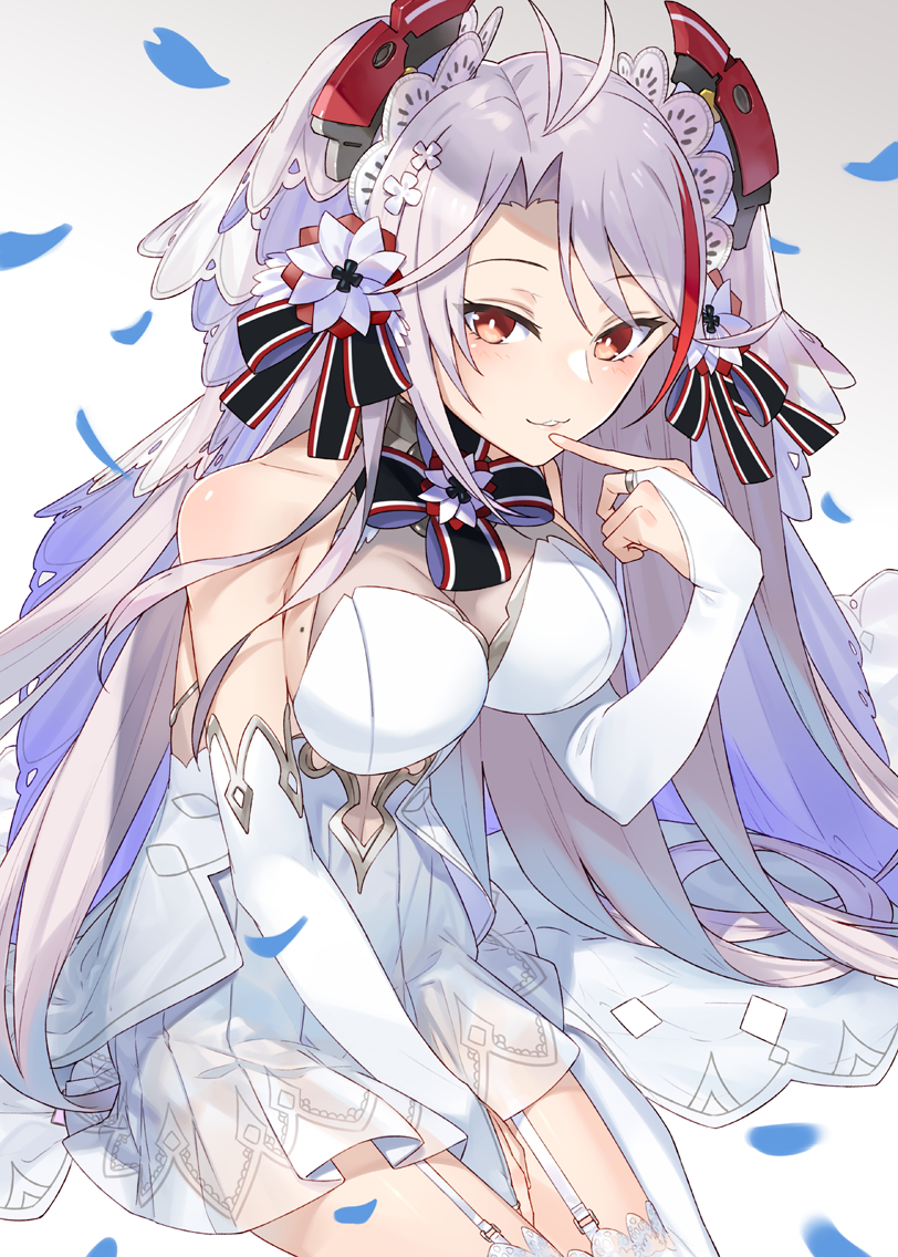 alternate_costume antenna_hair armpits azur_lane bangs between_legs blush breasts bridal_gauntlets bridal_veil brown_eyes commentary dress eyebrows_visible_through_hair finger_to_mouth gloves hair_between_eyes hand_between_legs hayashi_kewi headgear iron_cross large_breasts leaning_forward long_hair looking_at_viewer mole mole_on_breast multicolored_hair parted_lips petals prinz_eugen_(azur_lane) red_hair sapphire_(stone) see-through sideboob sidelocks silver_hair simple_background smile solo streaked_hair two_side_up upper_body veil very_long_hair white_dress white_gloves