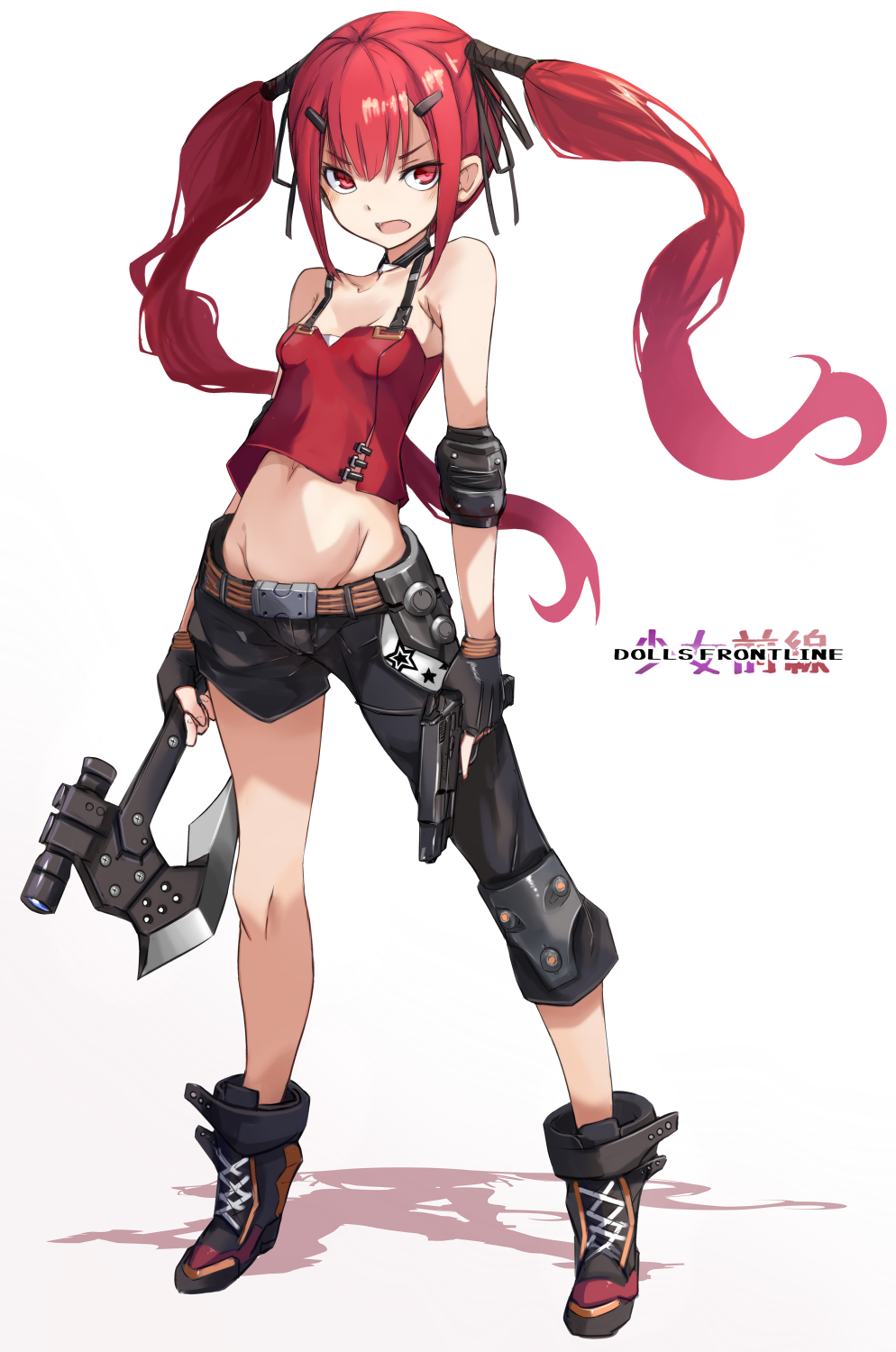 1girl asymmetrical_legwear axe bangs bare_shoulders black_footwear black_pants black_ribbon boots breasts camisole commentary_request cross-laced_footwear cz-75 cz-75_(girls_frontline) eyebrows_visible_through_hair full_body girls_frontline groin gun hair_between_eyes hair_ornament hair_ribbon hairclip handgun highres holding holding_axe holding_gun holding_weapon karukan_(monjya) lace-up_boots long_hair looking_at_viewer navel open_mouth pants pistol red_camisole red_eyes red_hair revision ribbon sidelocks small_breasts solo standing twintails v-shaped_eyebrows very_long_hair weapon white_background