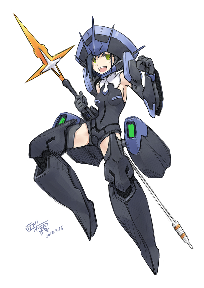 armor bangs bare_shoulders black_armor black_gloves blue_hair breasts commentary_request darling_in_the_franxx dated delphinium_(darling_in_the_franxx) eyebrows_visible_through_hair floating flying full_armor gloves green_eyes hair_between_eyes holding holding_spear holding_weapon ichigo_(darling_in_the_franxx) looking_at_viewer mecha_musume open_mouth polearm short_hair shoulder_armor signature simelu small_breasts smile solo spear teeth thighs weapon white_background