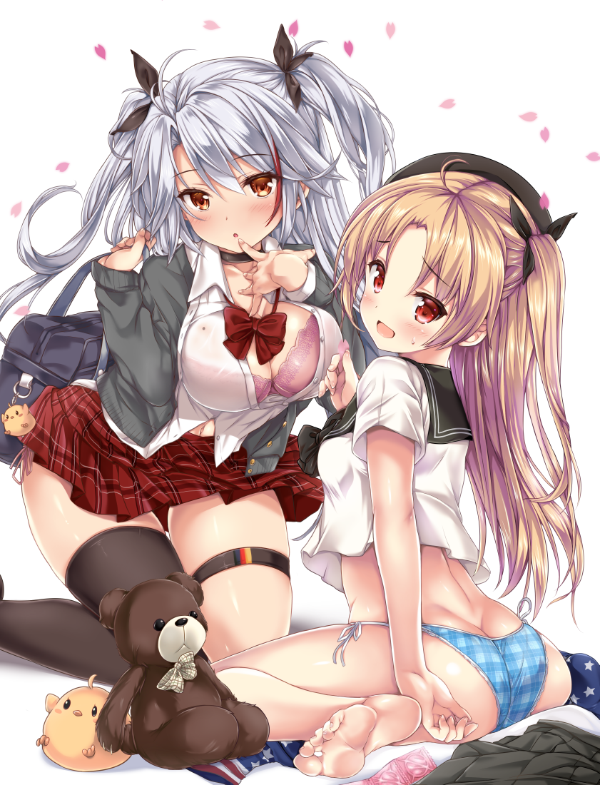 alternate_costume antenna_hair ass azur_lane bag bangs barefoot black_hat black_legwear black_ribbon black_skirt blonde_hair blush bow bowtie bra breasts butt_crack cardigan choker cleavage cleveland_(azur_lane) collarbone collared_shirt commentary condom_packet_strip condom_wrapper crop_top crop_top_overhang eyebrows_visible_through_hair finger_to_mouth grey_cardigan hair_between_eyes hair_ornament hair_ribbon hat holding holding_bag holding_petal kneeling large_breasts lingerie long_hair looking_at_viewer medium_breasts mole mole_on_breast multicolored_hair multiple_girls navel nijimoto_hirok one_side_up open_cardigan open_clothes open_mouth panties parted_bangs partially_unbuttoned petals pink_bra plaid plaid_panties pleated_skirt prinz_eugen_(azur_lane) red_eyes red_hair red_neckwear red_skirt ribbon school_bag school_uniform see-through shirt side-tie_panties silver_hair simple_background single_thighhigh sitting skindentation skirt skirt_removed smile streaked_hair sweatdrop thigh_strap thighhighs thighhighs_removed thighs two_side_up underwear very_long_hair wariza white_background white_shirt