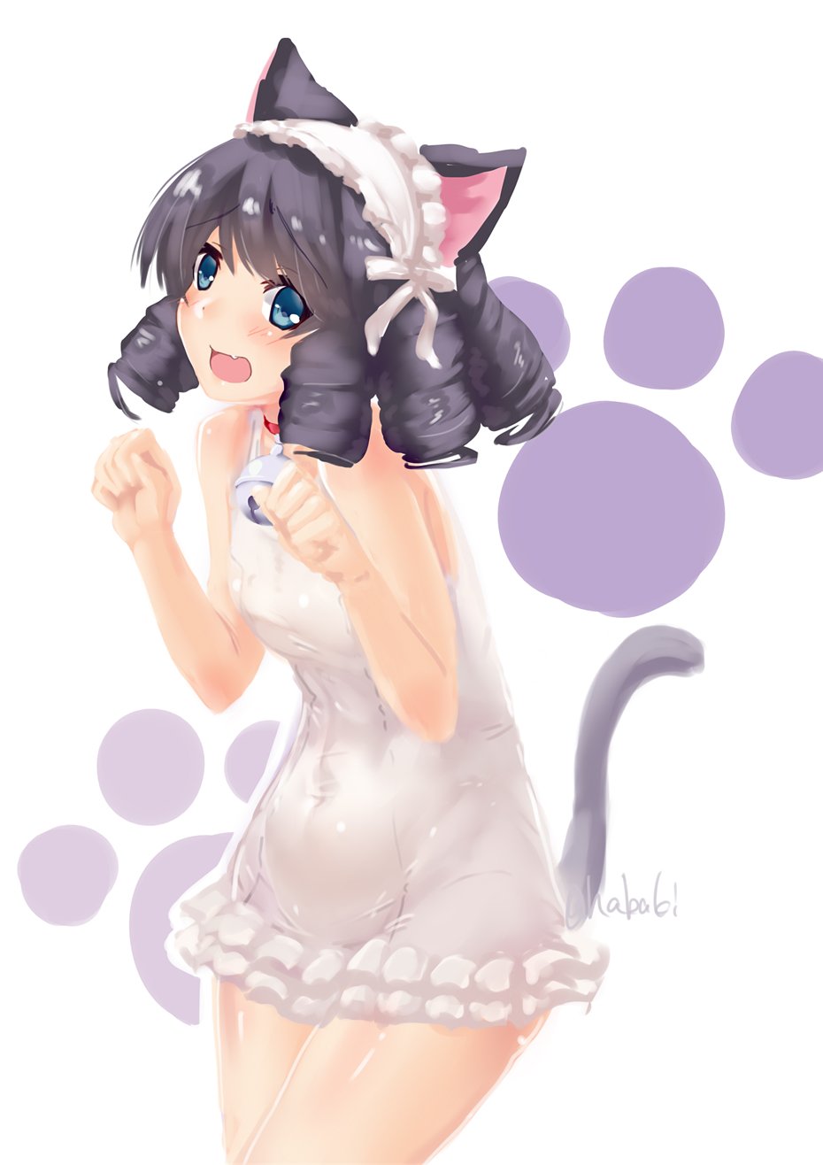 animal_ears bangs bell bell_collar blue_eyes cat_ears cat_tail collar commentary_request covered_navel cowboy_shot curly_hair cyan_(show_by_rock!!) eyebrows_visible_through_hair fang frilled_swimsuit frills grey_hair hairband highres leaning_forward light_frown lolita_hairband looking_at_viewer medium_hair one-piece_swimsuit open_mouth paw_pose paw_print ringlets saezu_habaki show_by_rock!! smile solo standing swimsuit tail twitter_username white_background white_swimsuit