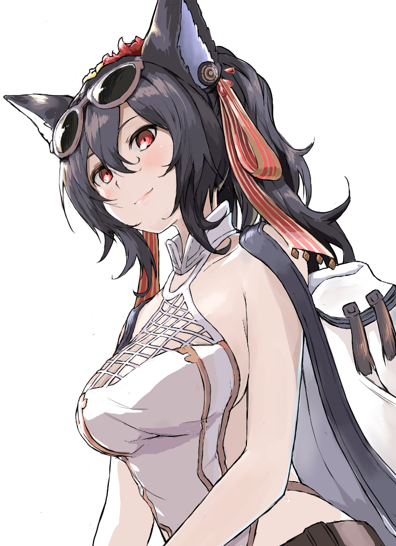 animal_ears bangs bare_shoulders belt black_hair blush breasts cape cleavage closed_mouth collarbone commentary_request ear_piercing erune eyewear_on_head flower granblue_fantasy hair_between_eyes hair_flower hair_ornament hair_ribbon halterneck ilsa_(granblue_fantasy) jewelry large_breasts long_hair looking_at_viewer one-piece_swimsuit piercing ponytail red_eyes red_ribbon ribbon simple_background smile solo sunglasses swimsuit syuichi white_background white_swimsuit