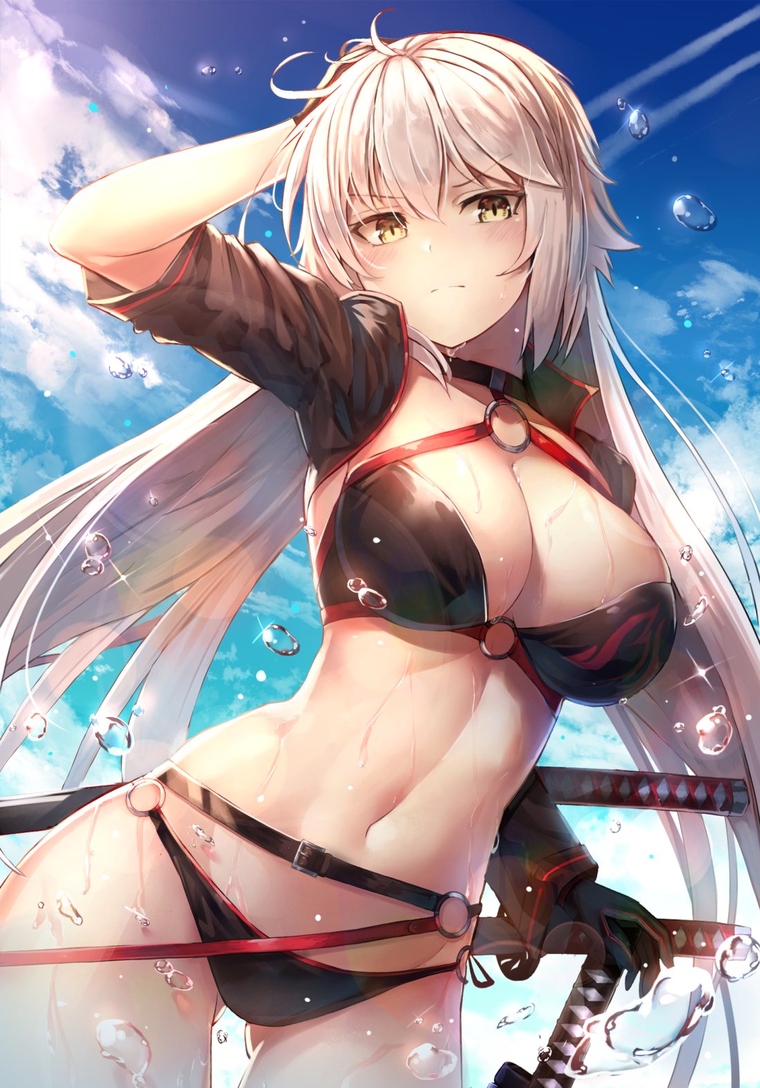 ahoge ass_visible_through_thighs bangs bikini black_bikini black_jacket blue_sky blush breasts brown_eyes choker cleavage closed_mouth cloud cloudy_sky collarbone commentary cowboy_shot cropped_jacket day eyebrows_visible_through_hair fate/grand_order fate_(series) gloves groin hair_between_eyes hand_on_hilt hand_on_own_head highres hips jacket jeanne_d'arc_(alter_swimsuit_berserker) jeanne_d'arc_(fate)_(all) katana large_breasts long_hair looking_at_viewer motokonut multiple_swords navel o-ring o-ring_bikini o-ring_bottom o-ring_top outdoors sheath sheathed shrug_(clothing) sidelocks skindentation sky solo stomach sunlight swimsuit sword thighs very_long_hair water_drop weapon wet yellow_eyes