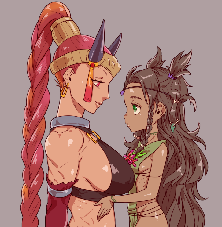 2girls braid breasts character_request copyright_request dark_skin earrings face-to-face female green_eyes horns jewelry kbtmsboy messy_hair multiple_girls ponytail profile ribs sideboob size_difference small_breasts two_side_up