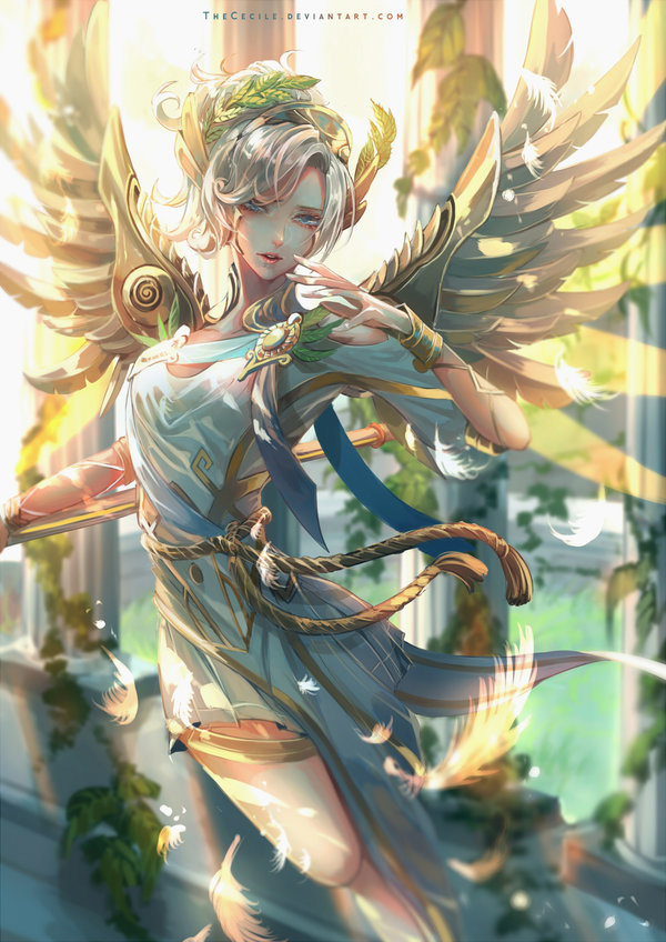 1girl alternate_costume blonde_hair blue_eyes bracelet breasts commentary dappled_sunlight dress english_commentary feathered_wings feathers flying greece head_wreath high_ponytail jewelry laurel_crown lips looking_at_viewer making_of mechanical_wings medium_breasts mercy_(overwatch) overwatch parted_lips pink_lips short_sleeves solo sunlight the_cecile toga watermark web_address white_dress winged_victory_mercy wings