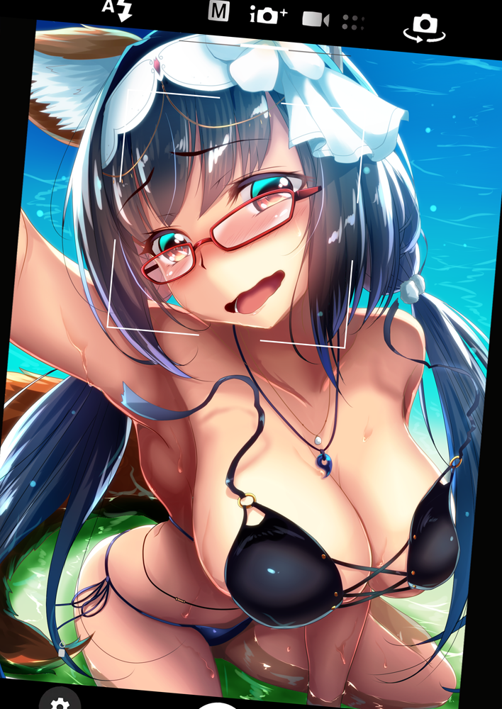 animal_ears bikini black_bikini black_hair blush breasts cellphone cleavage collarbone commentary_request embarrassed fate/grand_order fate_(series) fox_ears fox_tail glasses hair_bobbles hair_ornament hairband lady_foxy large_breasts long_hair looking_at_viewer magatama_necklace o-ring o-ring_bikini ocean open_mouth osakabe-hime_(fate/grand_order) phone red-framed_eyewear red_eyes saboten_teishoku self_shot side-tie_bikini smartphone solo swimsuit tail twintails very_long_hair viewfinder wardrobe_malfunction water wavy_mouth