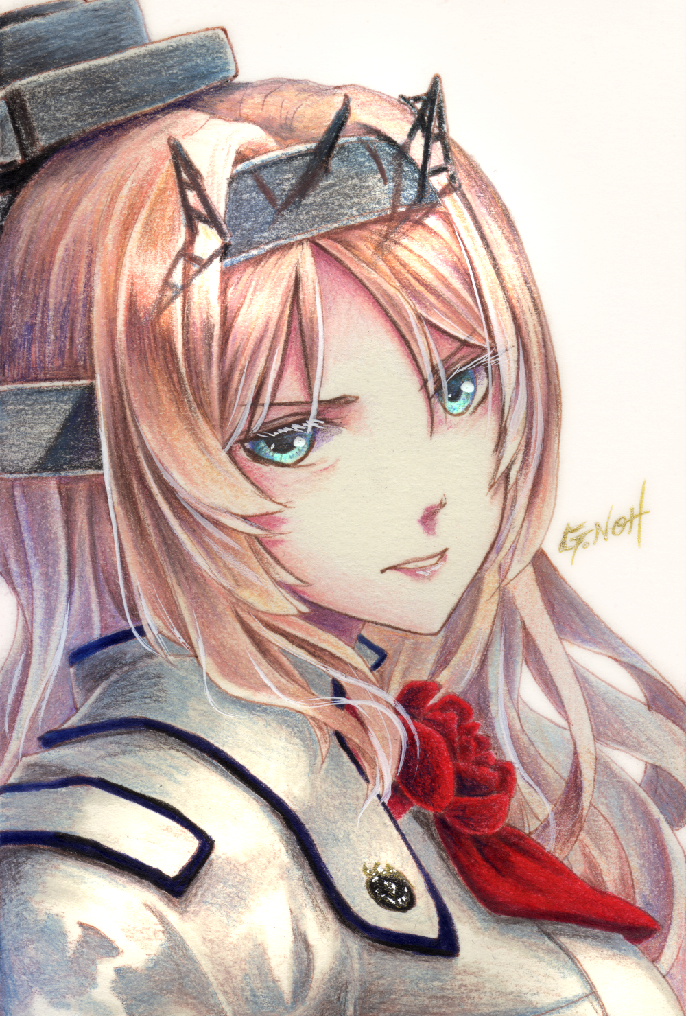 aqua_eyes artist_name ascot bangs blonde_hair breasts buttons commentary_request eyelashes floating_hair flower flower_neckwear from_side frown hair_between_eyes hair_ornament head_tilt headband headgear highres jacket kantai_collection large_breasts lips long_hair looking_at_viewer military military_uniform millipen_(medium) nelson_(kantai_collection) parted_bangs postcard red_flower red_neckwear red_rose rose shiny shiny_hair sidelocks simple_background solo straight_hair tareme teeth tesun_(g_noh) traditional_media uniform upper_body watercolor_pencil_(medium) white_background white_jacket