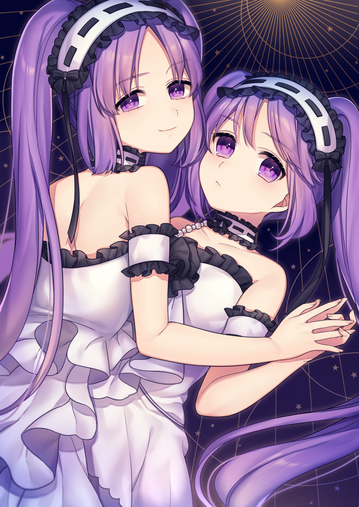 bare_shoulders breasts choker closed_mouth collarbone dress euryale fate/hollow_ataraxia fate_(series) fingernails frilled_choker frilled_hairband frills girl_on_top hairband holding_hands karokuchitose looking_at_viewer looking_back lying multiple_girls on_back purple_eyes purple_hair ribbon-trimmed_choker ribbon-trimmed_hairband ribbon_trim siblings sisters small_breasts smile star stheno strapless strapless_dress twins white_choker white_dress white_hairband