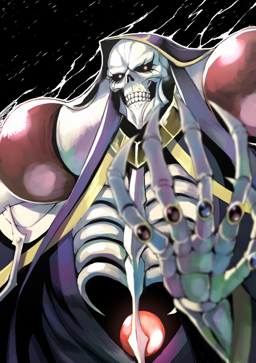 amano_don black_background bone cape clenched_teeth cloak commentary_request from_below gem glowing glowing_eyes highres hood hooded_cloak overlord_(maruyama) skeleton skull teeth