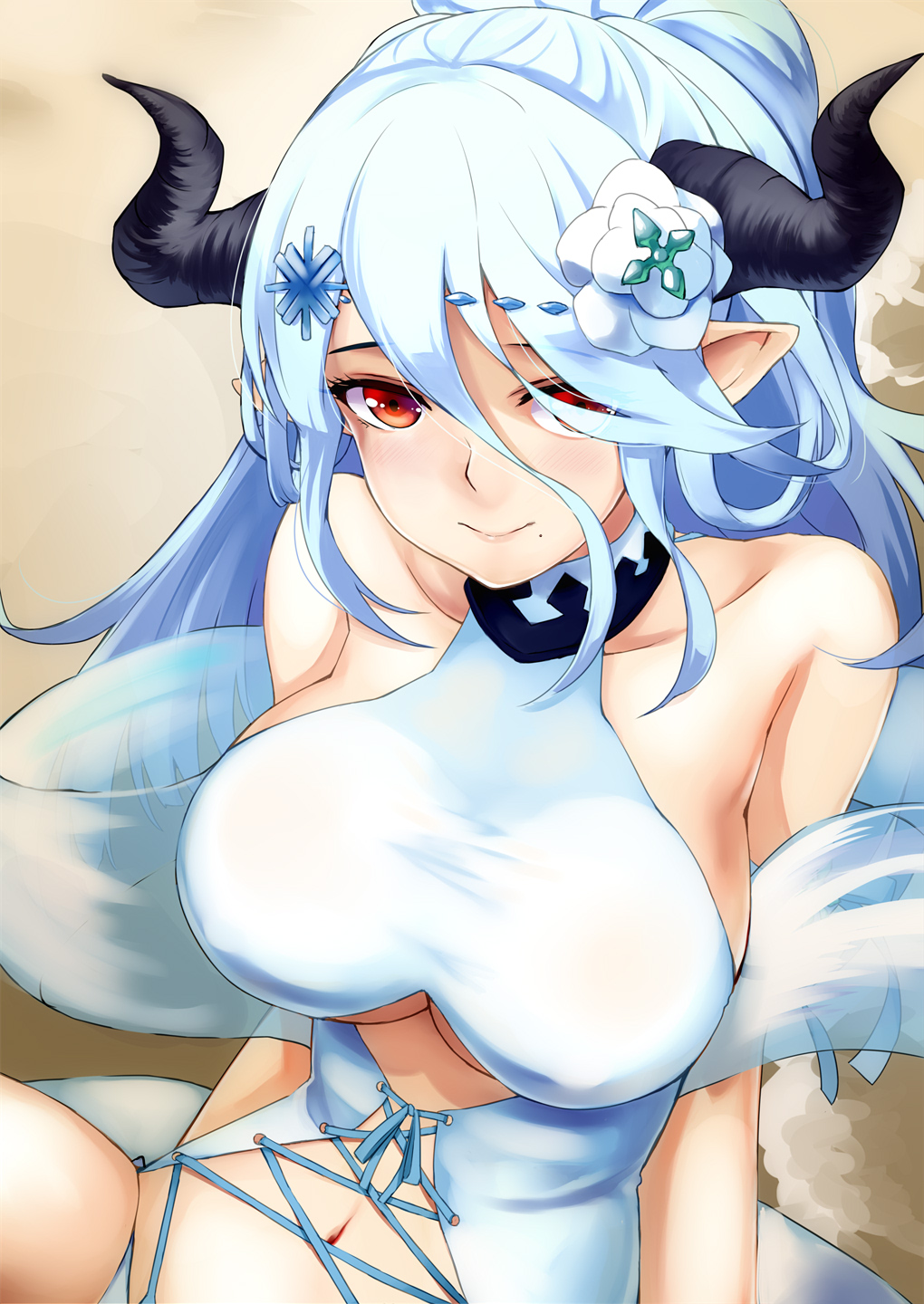 bangs bare_shoulders blue_hair blush breasts closed_mouth collarbone commentary_request cross-laced_clothes draph flower granblue_fantasy hair_between_eyes hair_flower hair_ornament highres horns izmir large_breasts long_hair looking_at_viewer mizuki_(mizuki_ame) mole mole_under_mouth navel pointy_ears red_eyes sash snake_hair_ornament solo swimsuit very_long_hair white_swimsuit