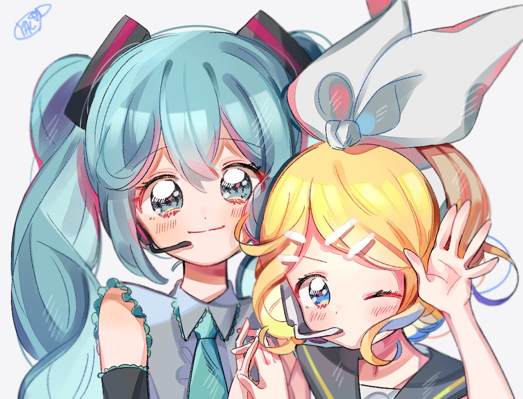 aqua_eyes aqua_hair bad_id bad_twitter_id blonde_hair blush bow collared_shirt grey_shirt hair_between_eyes hair_bow hair_ornament hairclip hand_up hatsune_miku headband height_difference kagamine_rin long_hair looking_at_viewer microphone multiple_girls necktie one_eye_closed sailor_collar shirt short_hair simple_background sleeveless smile twintails upper_body vocaloid white_background white_bow yalmyu