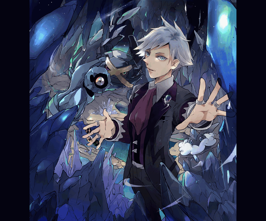 ascot awai_(pixiv29777040) beldum blue_eyes carbink cave collared_shirt commentary_request cowboy_shot crystal fisheye floating formal gen_3_pokemon gen_6_pokemon grey_hair hands_up holding holding_poke_ball jacket jewelry light_smile long_sleeves looking_at_viewer male_focus metagross one-eyed open_clothes open_jacket outstretched_arm outstretched_hand pants parted_lips pillarboxed poke_ball pokemon pokemon_(creature) pokemon_(game) red_eyes red_neckwear ring shirt short_hair standing suit suit_jacket tsuwabuki_daigo ultra_ball vest wing_collar