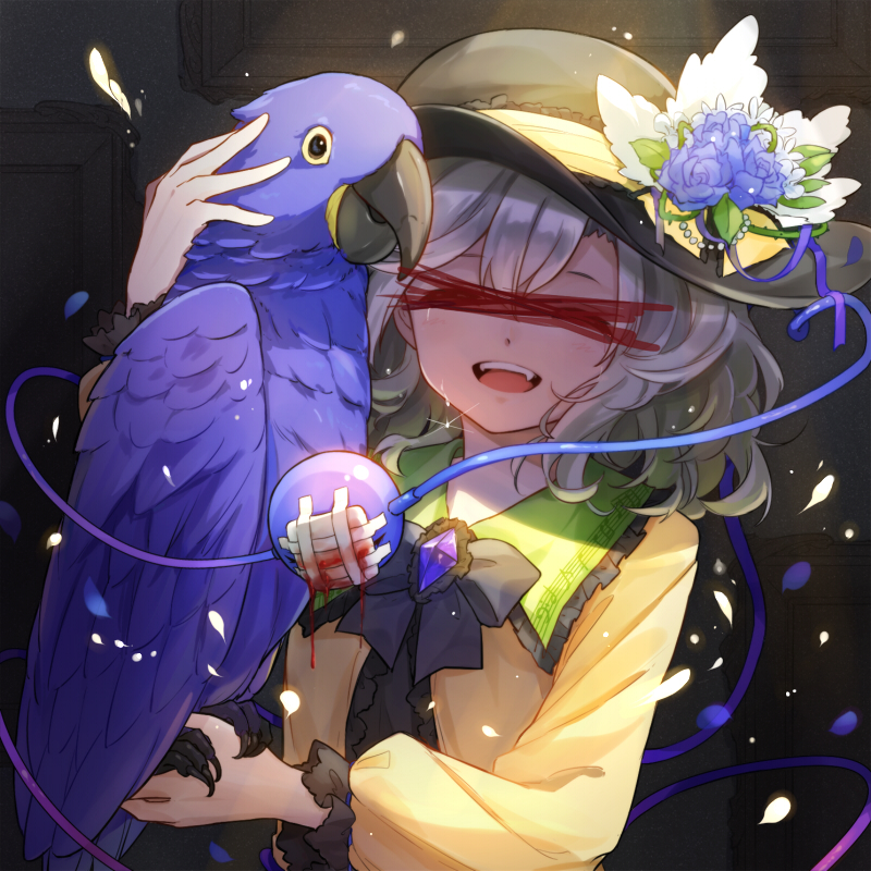 ^_^ animal bandaid bangs bird black_bow black_hat black_neckwear blood blue_flower blue_rose bow bowtie brooch censored closed_eyes commentary_request eyeball fangs flower frilled_shirt_collar frills hair_between_eyes hand_up hat hat_flower holding holding_animal hyacinth_macaw identity_censor jewelry komeiji_koishi long_sleeves macaw musical_note musical_note_print open_mouth parrot petals puffy_sleeves rose shirt short_hair silver_hair sindre smile solo sparkle tears third_eye touhou upper_body white_flower yellow_shirt