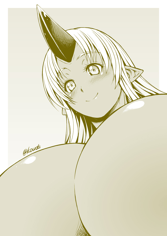 breasts commentary_request dutch_angle eyebrows_visible_through_hair gigantic_breasts horn kouda_tomohiro long_hair looking_at_viewer monochrome monster_musume_no_iru_nichijou nude ogre oni_horn pointy_ears shiny shiny_skin simple_background smile solo tionishia twitter_username