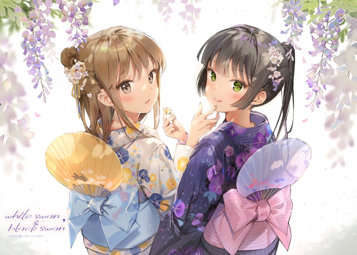 :q anmi black_hair blue_kimono blush brown_hair copyright_request fan floral_print flower green_eyes hair_flower hair_ornament holding japanese_clothes kimono long_hair looking_at_viewer looking_back multiple_girls obi one_side_up paper_fan parted_lips ponytail purple_kimono sash smile standing tongue tongue_out uchiwa wisteria yukata