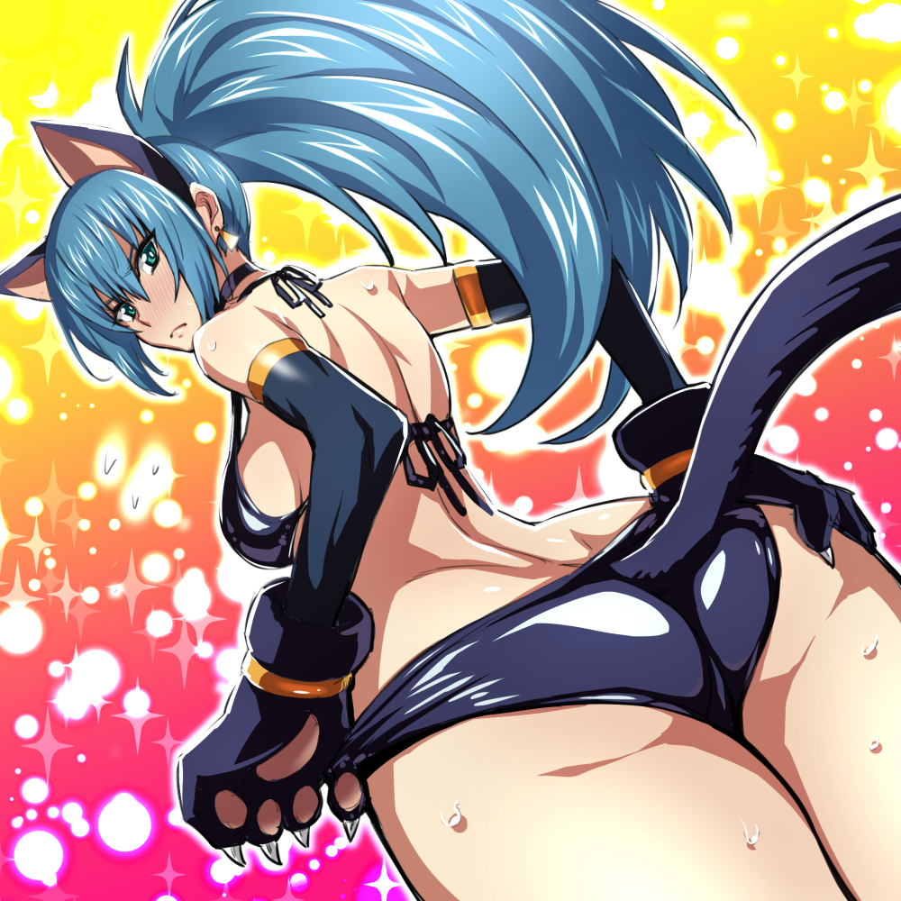 adjusting_clothes adjusting_swimsuit animal_ears ass back bikini black_bikini black_choker black_gloves blue_eyes blue_hair breasts cat_ears cat_tail choker claws dutch_angle earrings elbow_gloves from_behind frown gloves hair_between_eyes hand_on_hip jewelry large_breasts leona_heidern long_hair looking_at_viewer looking_back nakahira_guy paws ponytail snk snk_heroines:_tag_team_frenzy sparkle strap_gap swimsuit tail the_king_of_fighters thighs very_long_hair