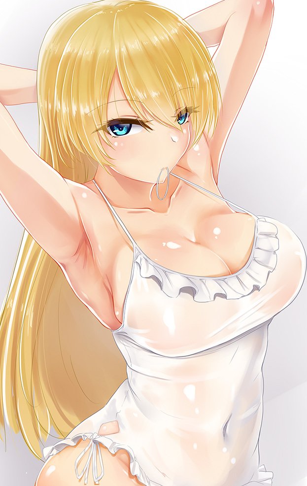 alternate_hair_length alternate_hairstyle armpits arms_behind_head arms_up blonde_hair blue_eyes breasts cleavage closed_mouth collarbone commentary_request covered_navel darjeeling eyebrows_visible_through_hair eyes_visible_through_hair frilled_swimsuit frills girls_und_panzer gradient gradient_background hair_down hair_tie_in_mouth half-closed_eyes large_breasts long_hair looking_at_viewer mouth_hold naughty_face one-piece_swimsuit saezu_habaki shiny shiny_clothes shiny_skin side-tie_swimsuit solo standing swimsuit upper_body white_swimsuit