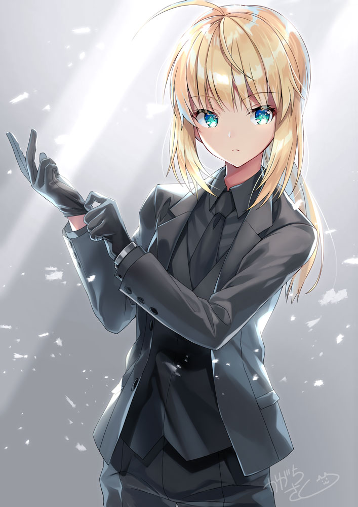 adjusting_clothes adjusting_gloves ahoge artoria_pendragon_(all) bangs black_gloves black_jacket black_neckwear black_pants black_shirt black_vest blonde_hair blue_eyes blush closed_mouth collared_shirt commentary_request eyebrows_visible_through_hair fate/zero fate_(series) formal gloves jacket kagachi_saku long_hair low_ponytail necktie pant_suit pants ponytail saber shirt sidelocks solo suit vest