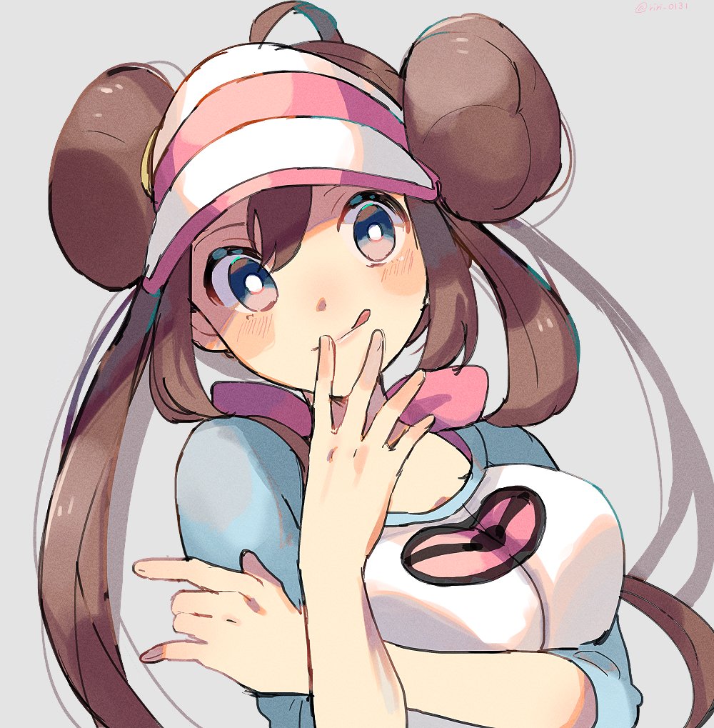 bangs blue_eyes blurry blush breasts brown_hair closed_mouth commentary_request depth_of_field double_bun hair_between_eyes large_breasts long_hair long_sleeves looking_at_viewer mei_(pokemon) pokemon pokemon_(game) pokemon_bw2 ririmon simple_background smile solo squeezing upper_body visor