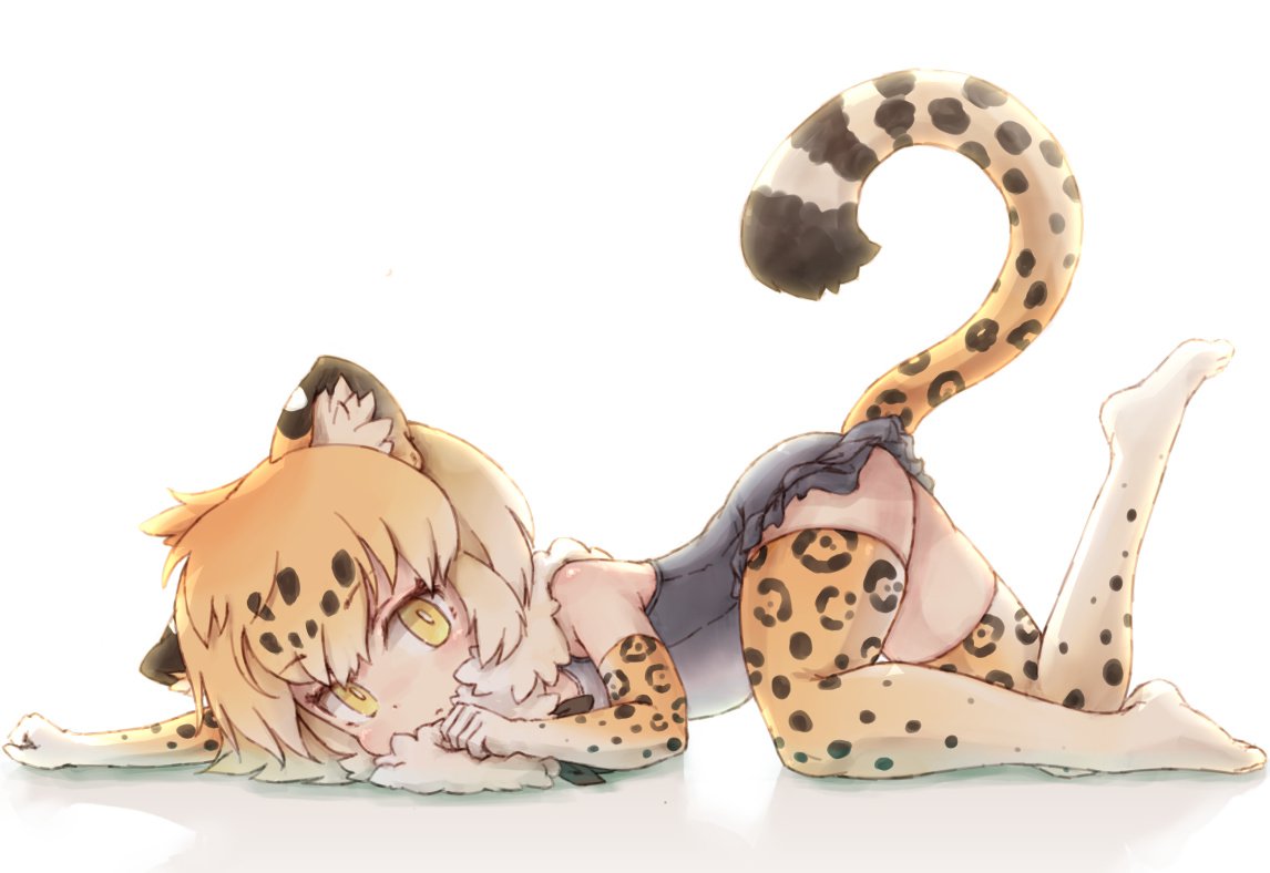 adapted_costume animal_ears animal_print ass bare_shoulders blonde_hair bow bowtie clenched_hands commentary_request elbow_gloves eyebrows_visible_through_hair frilled_swimsuit frills fur_collar gloves jaguar_(kemono_friends) jaguar_ears jaguar_print jaguar_tail kemono_friends kolshica multicolored_hair no_shoes on_floor one-piece_swimsuit short_hair sleeveless solo swimsuit tail thighhighs white_hair yellow_eyes