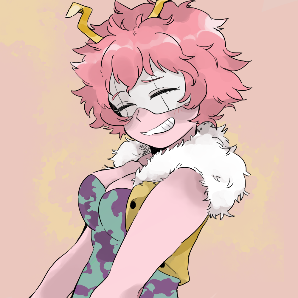^_^ ashido_mina bare_arms boku_no_hero_academia breasts cleavage closed_eyes closed_mouth collarbone collared_vest commentary_request eyebrows_visible_through_mask facing_viewer fur_collar grin horns konno_(2xxxxxx) mask open_clothes open_vest pink_hair pink_skin short_hair smile solo upper_body vest