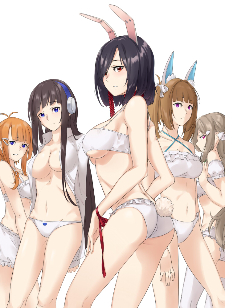 animal_ears ass azur_lane bangs black_hair bloomers blue_eyes blunt_bangs bra breasts brown_hair bunny_ears bunny_tail collared_shirt criss-cross_halter dress_shirt eyebrows_visible_through_hair fortune_(azur_lane) foxhound_(azur_lane) frilled_bra frilled_panties frills grey_hair hair_ornament hair_over_one_eye hairclip halterneck headphones kagerou_(azur_lane) large_breasts long_hair long_island_(azur_lane) looking_at_viewer medium_breasts multiple_girls navel no_bra open_clothes open_shirt orange_hair panties parted_lips purple_eyes red_eyes red_ribbon ribbon saruno_(eyesonly712) shiranui_(azur_lane) shirt short_hair smile tail thighhighs two_side_up underboob underwear underwear_only very_long_hair white_bra white_legwear white_panties wrist_ribbon