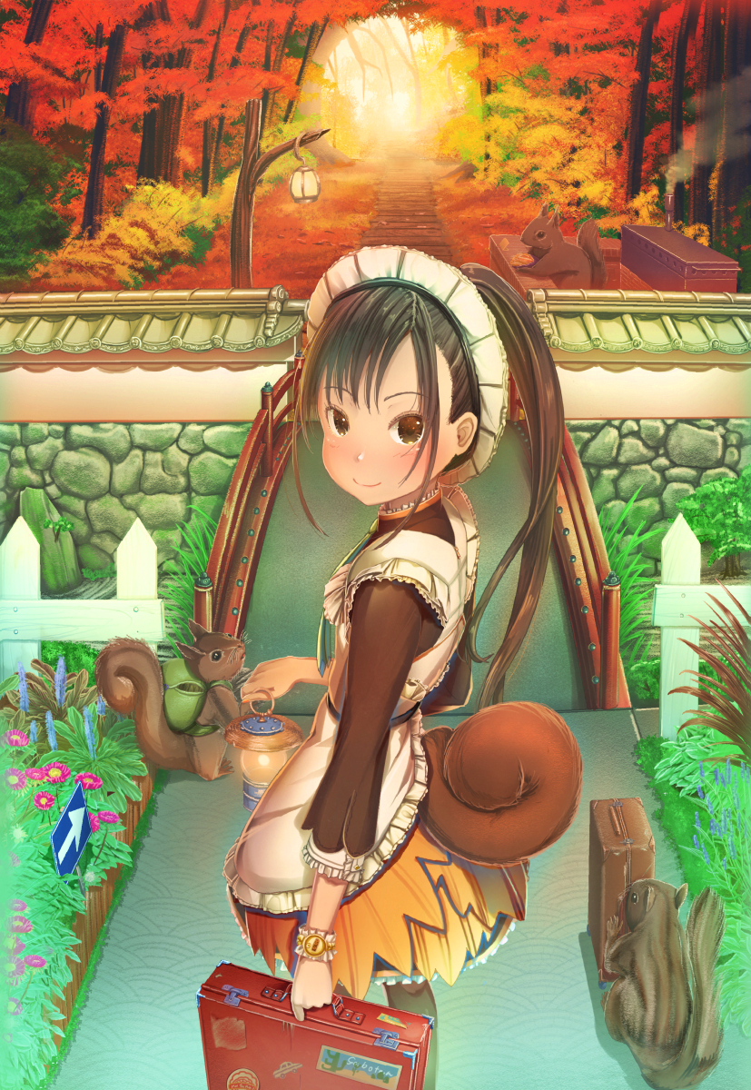abo_(kawatasyunnnosukesabu) animal apron autumn autumn_leaves backpack bag bangs black_hair bridge brown_eyes brown_shirt commentary_request day fence flower forest frilled_apron frills highres holding holding_lantern lantern looking_at_viewer looking_back maid_apron maid_headdress nature orange_skirt original outdoors picket_fence pink_flower plant ponytail river road_sign shirt sidelocks sign skirt smokestack solo squirrel squirrel_tail standing stone_wall suitcase tail tree wall wooden_fence
