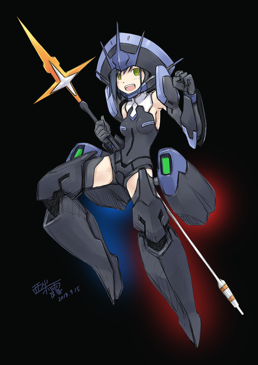 armor bangs bare_shoulders black_armor black_background black_gloves blue blue_hair breasts commentary_request darling_in_the_franxx dated delphinium_(darling_in_the_franxx) eyebrows_visible_through_hair floating flying full_armor gloves green_eyes hair_between_eyes holding holding_spear holding_weapon ichigo_(darling_in_the_franxx) looking_at_viewer mecha_musume open_mouth polearm red short_hair shoulder_armor signature simelu small_breasts smile solo spear teeth thighs weapon