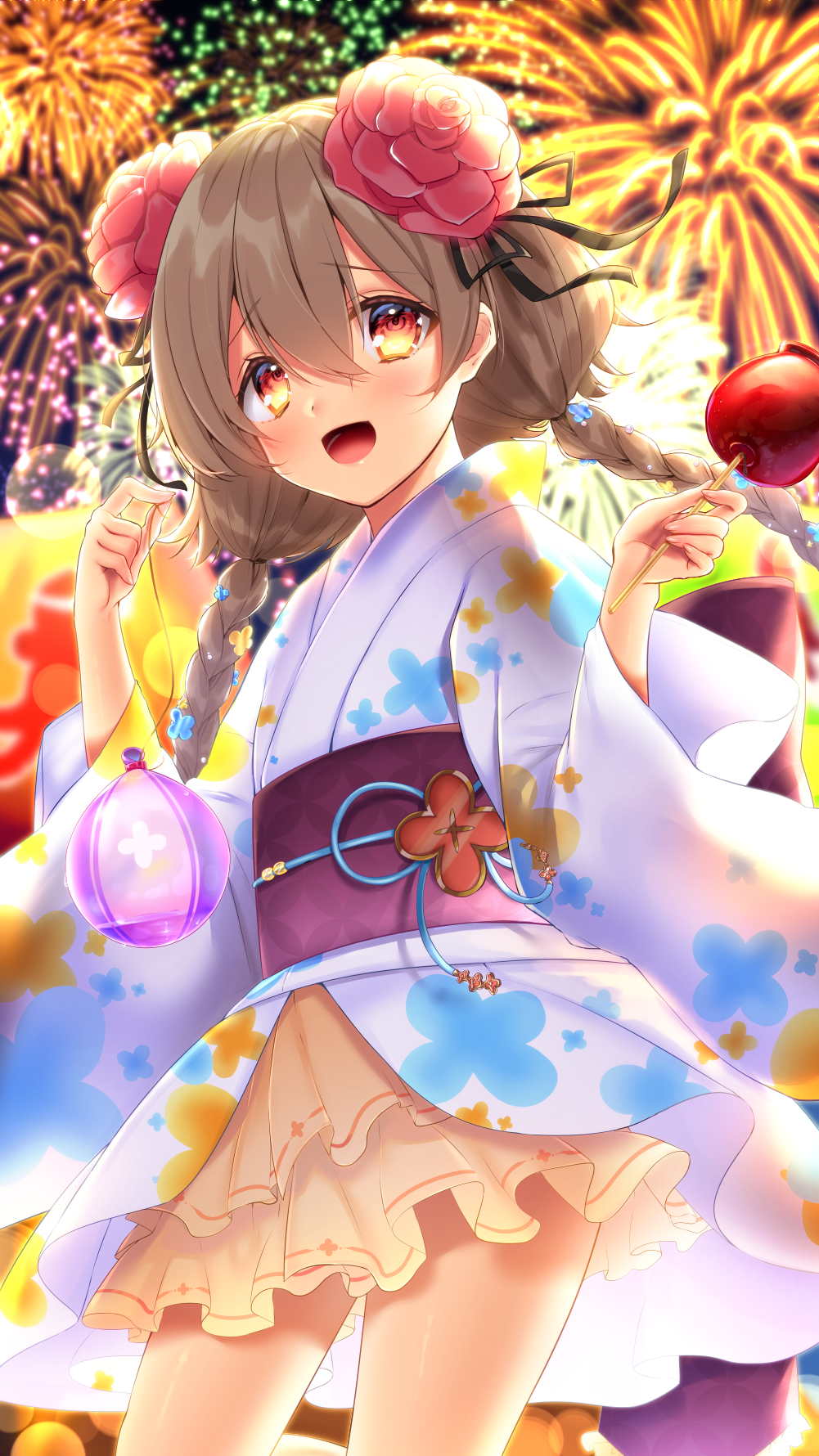 :d aerial_fireworks bangs black_ribbon blush braid brown_eyes candy_apple commentary_request erin_(teria_saga) eyebrows_visible_through_hair fireworks floral_print flower food hair_between_eyes hair_flower hair_ornament hair_ribbon hands_up highres holding holding_food japanese_clothes jiiwara kimono kimono_skirt light_brown_hair long_hair long_sleeves looking_at_viewer low_twintails night night_sky obi open_mouth outdoors print_kimono red_flower red_rose ribbon rose sash short_kimono sky smile solo teria_saga twin_braids twintails water_yoyo white_kimono wide_sleeves