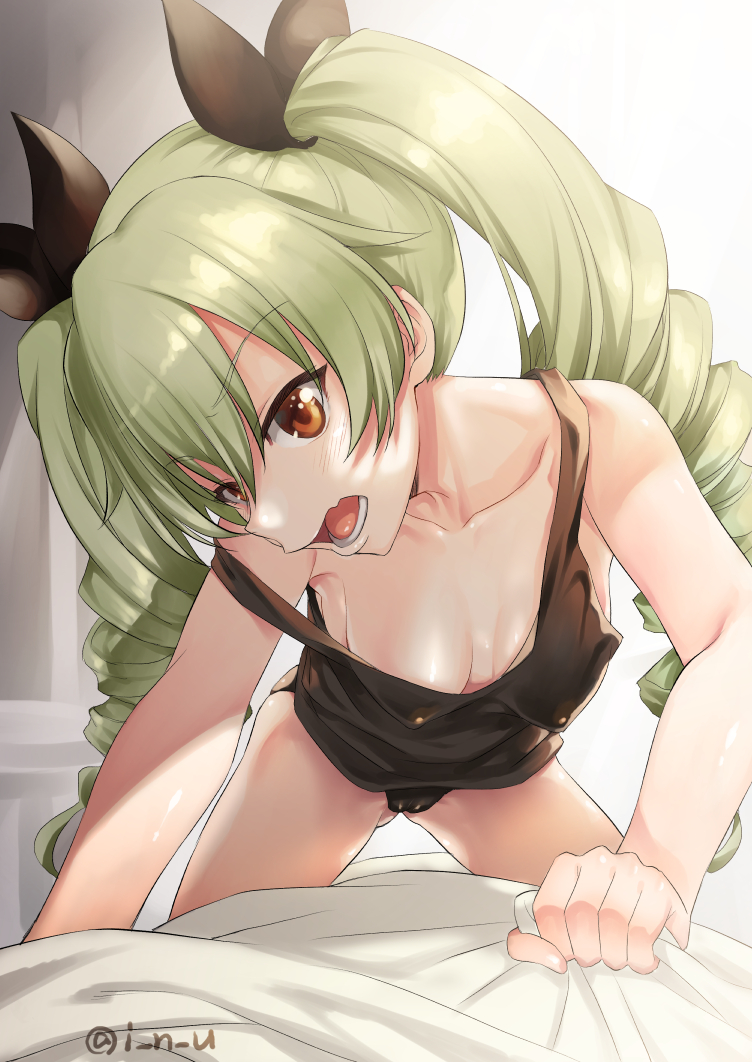 all_fours anchovy bare_shoulders black_panties black_tank_top blush cameltoe collarbone commentary_request covered_nipples drill_hair girls_und_panzer green_hair inu_(aerodog) long_hair looking_at_viewer no_bra panties red_eyes shiny shiny_hair shiny_skin solo strap_slip tank_top teeth twin_drills twintails underwear
