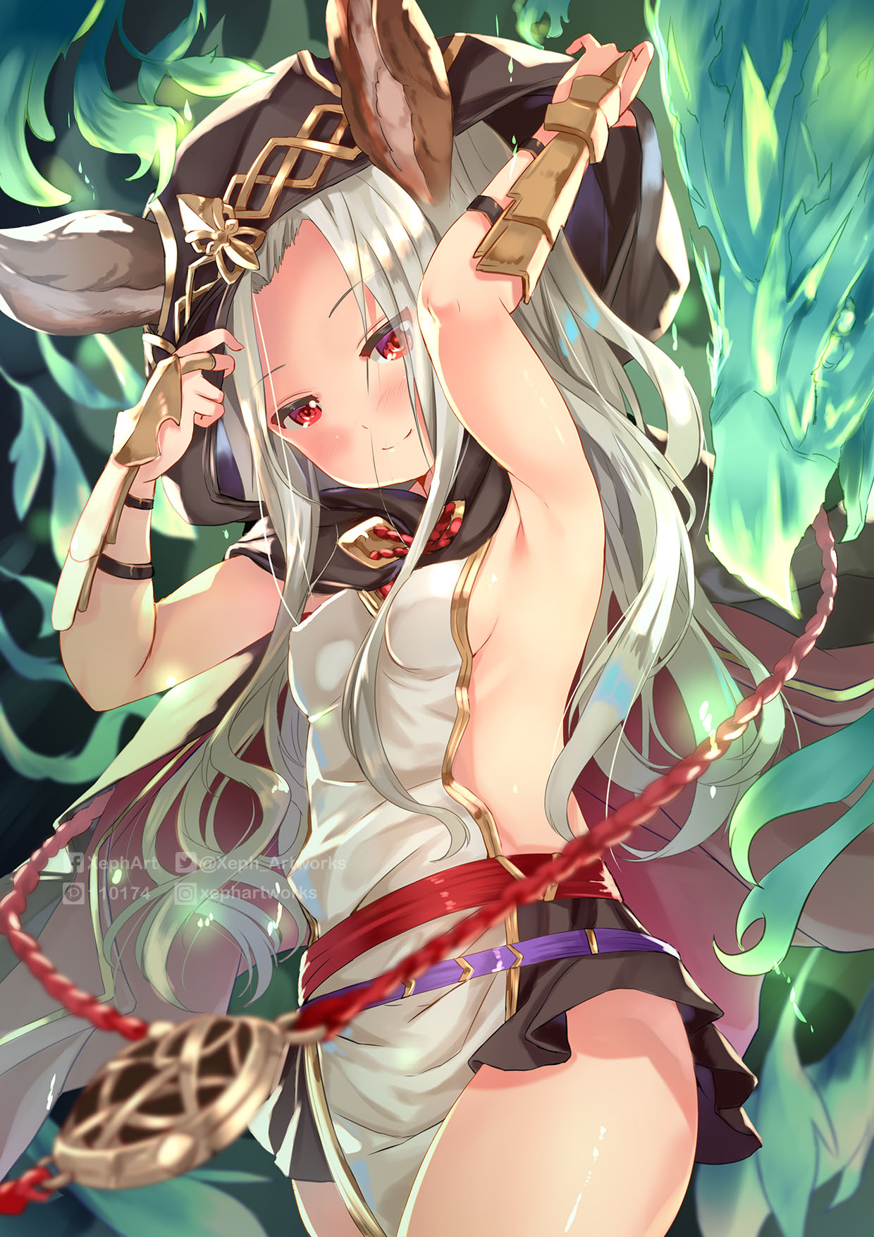 animal_ears armpits arms_up black_skirt blush breasts cat_ears cloak closed_mouth ears_through_headwear erune granblue_fantasy highres hood hood_up hooded_cloak long_hair looking_at_viewer red_eyes scathacha_(granblue_fantasy) sideboob silver_hair skirt small_breasts smile solo watermark wrist_guards xephonia
