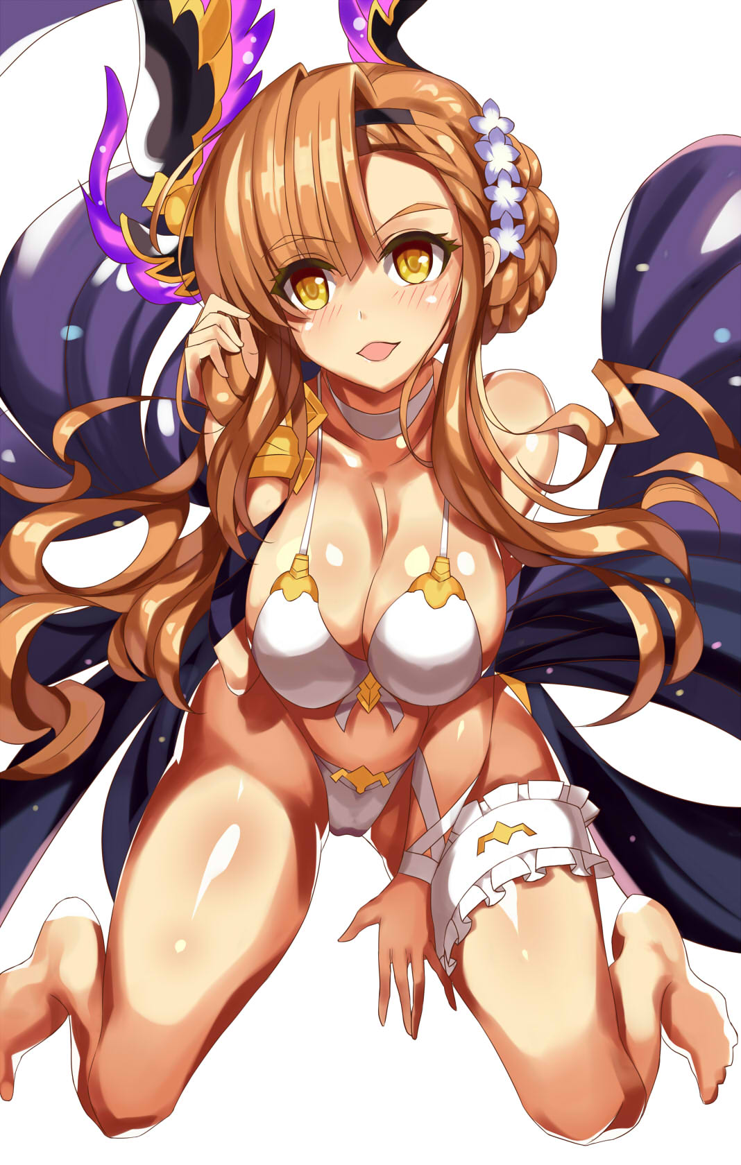 bangs bare_shoulders bikini blush braid breasts brown_hair choker cleavage collarbone commentary_request feet flower french_braid granblue_fantasy hair_flower hair_ornament hairband hand_in_hair head_wings highres hips large_breasts leg_garter legs long_hair looking_at_viewer open_mouth sash shiny shiny_hair shiny_skin sidelocks simple_background smile solo song_(granblue_fantasy) swimsuit thighs vin white_background white_bikini yellow_eyes