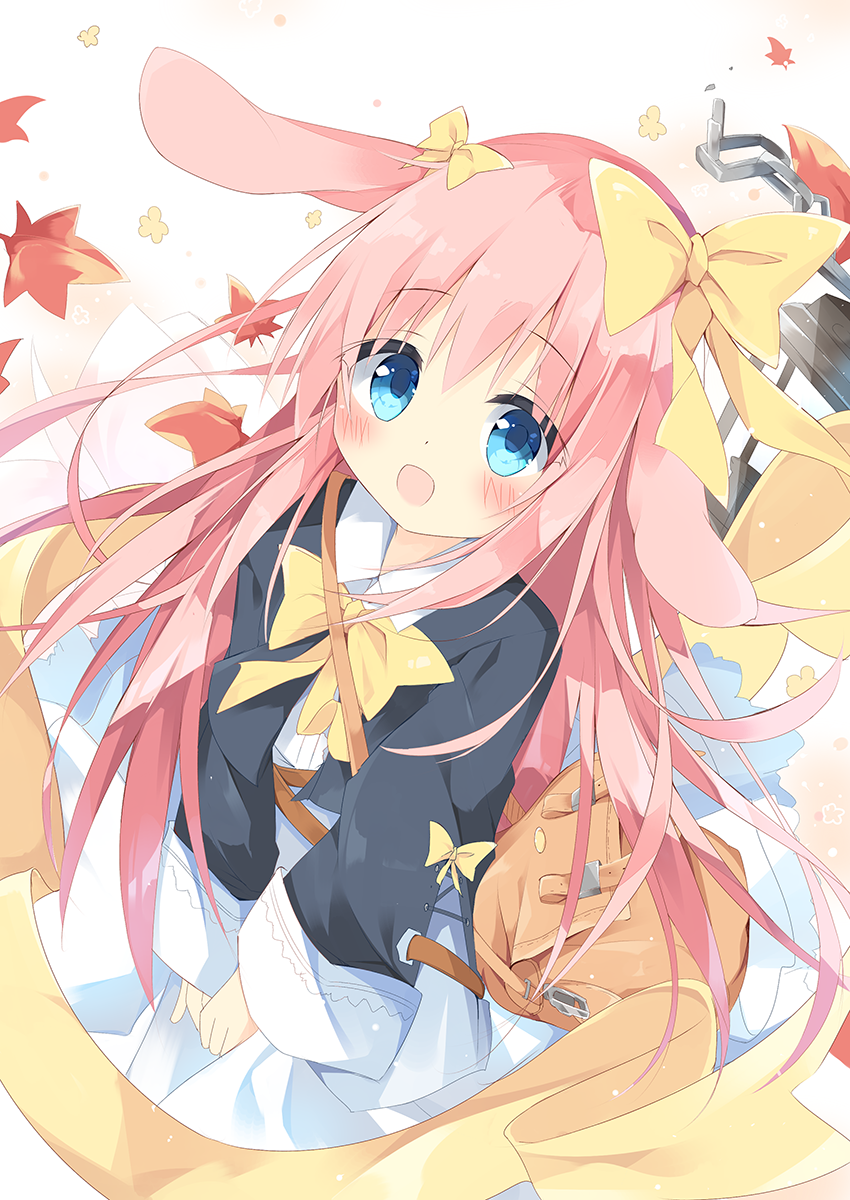 :d animal_ears autumn_leaves bag bangs black_jacket blue_eyes blush bow bunny_ears chain collared_jacket commentary_request dress eyebrows_visible_through_hair hair_between_eyes hair_bow highres jacket kushida_you long_hair long_sleeves looking_at_viewer open_mouth original pink_hair ribbon shoulder_bag smile solo v_arms very_long_hair white_dress wide_sleeves yellow_bow yellow_ribbon