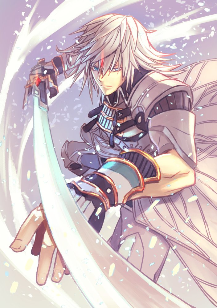 armor blue_eyes decoponmagi gloves katana looking_at_viewer male_focus shin_(xenoblade) short_hair simple_background solo sword weapon white_hair xenoblade_(series) xenoblade_2 xenoblade_2:_ogon_no_kuri_ira